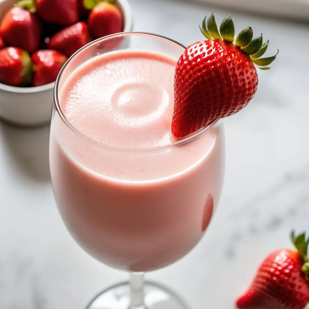 A glass filled with Agave Strawberry Smoothie garnished with a strawberry.