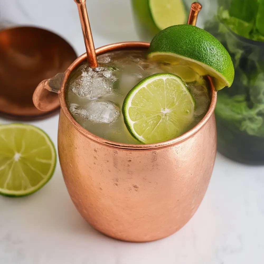 A copper mug of Gin Moscow Mule