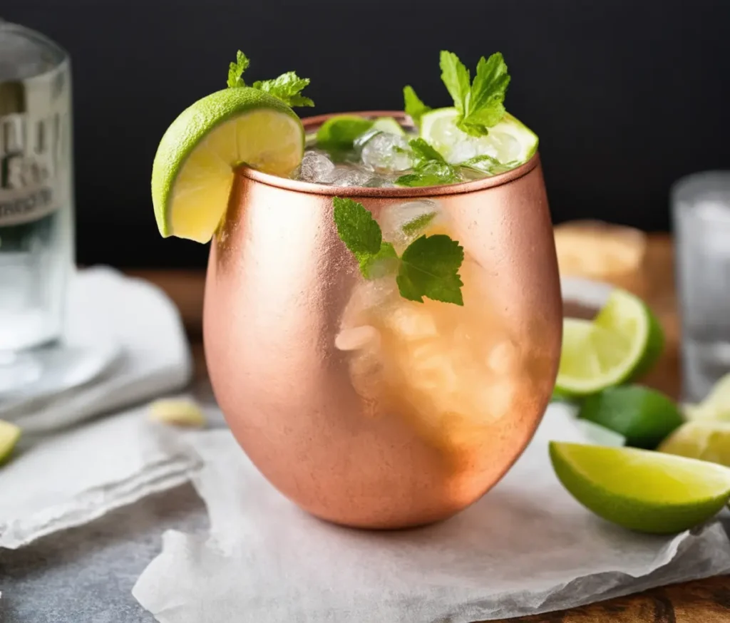 A copper mug of Gin Cocktail garnished with lemon