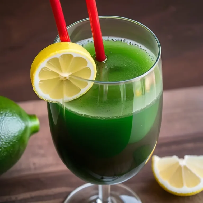 A transparent glass filled with green juice with a straw and a lemon for garnish.