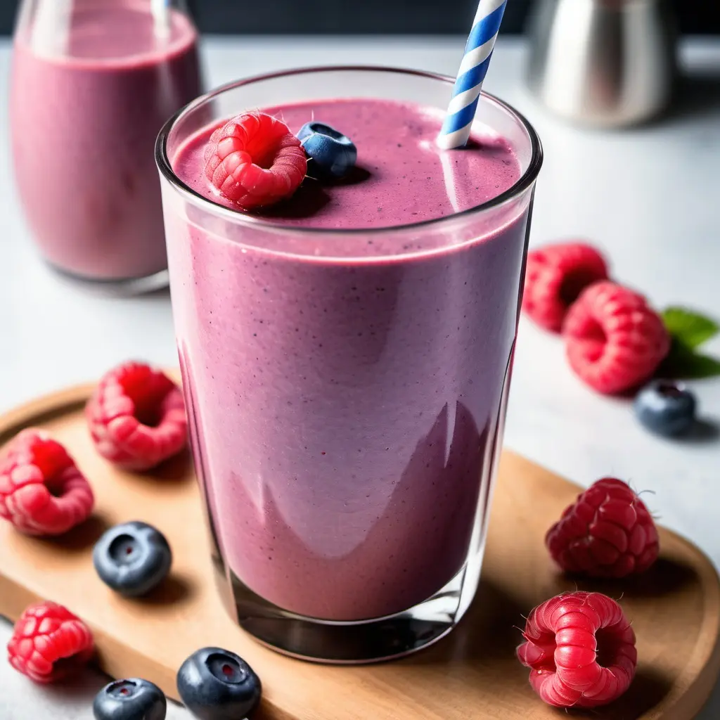 A glass of Blueberry Raspberry Smoothie garnished with berries